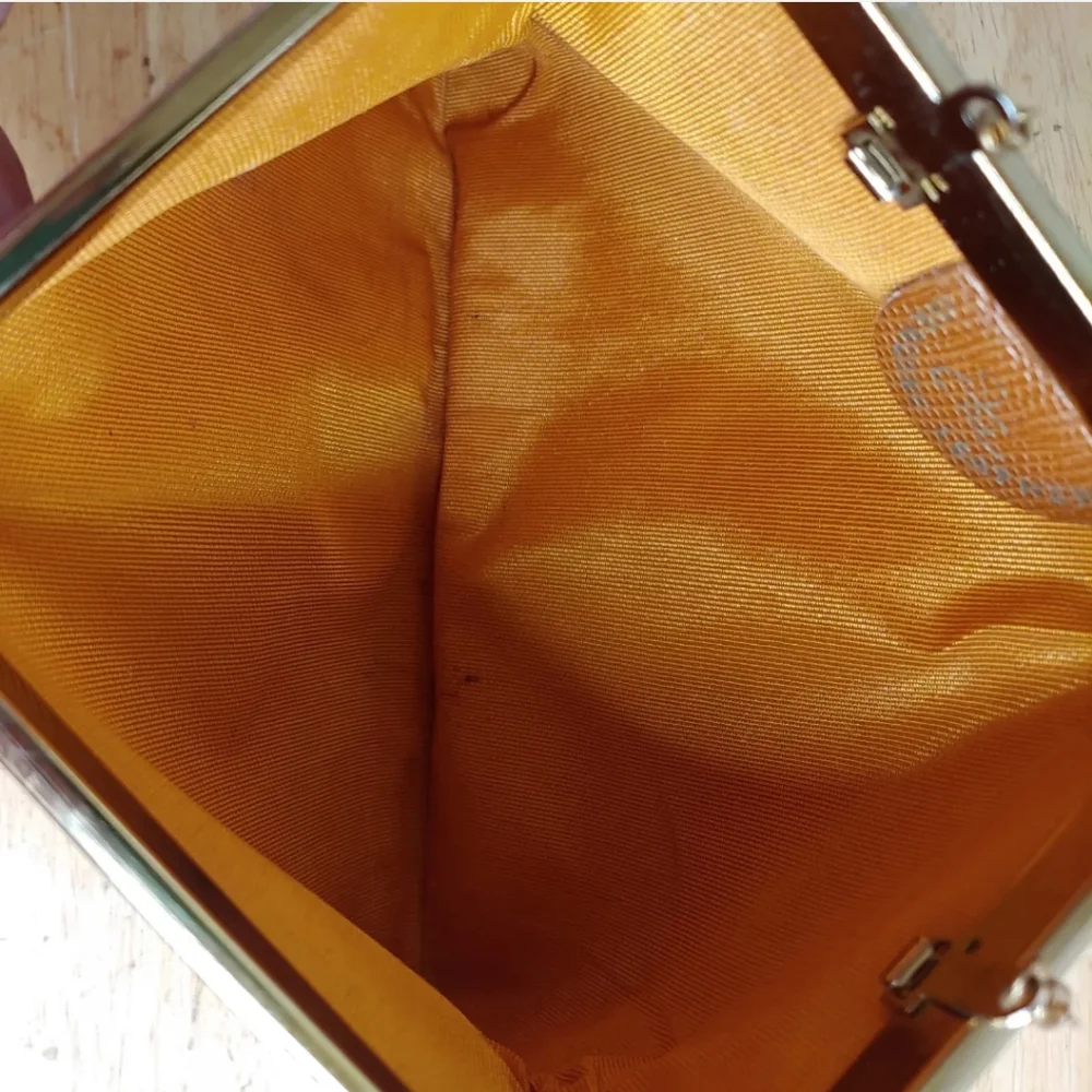 Vtg 60s Etra Lizard Leather Brown Clutch Purse Flat Shoulder Bag Gold Chain